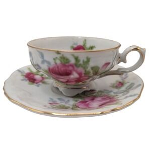 Vintage Lefton Demitasse Cup and Saucer Elegant Rose Floral Footed Cup 1950s SEE